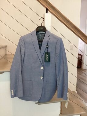 POLO RALPH LAUREN Boys Blazer Light Blue Cotton Single-Breasted NWT